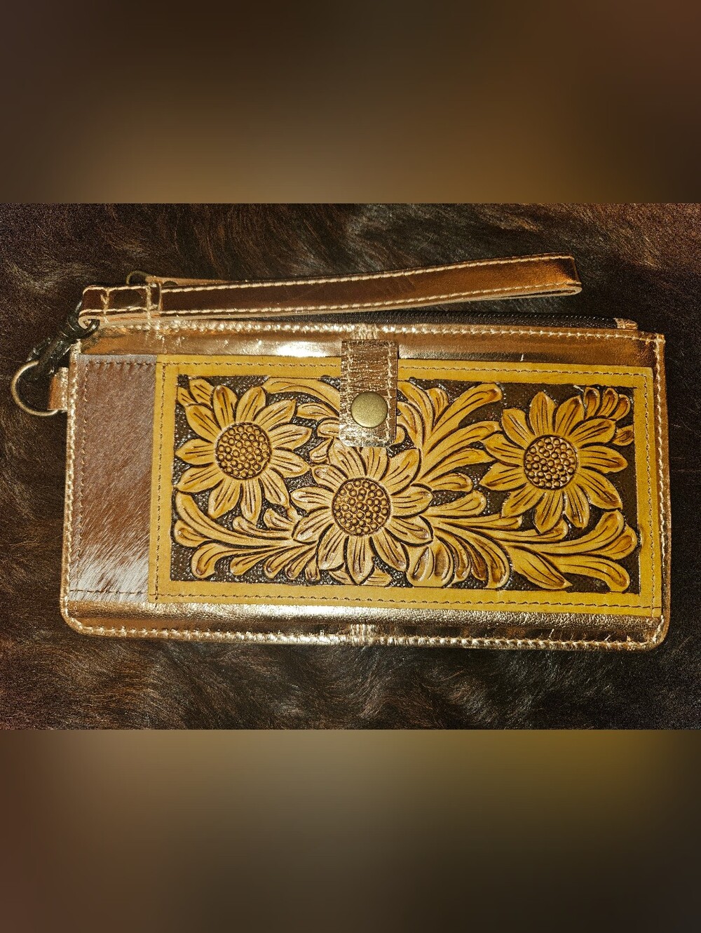 Tooled Sunflower Leather Wristlet Clutch - Brown/Tan